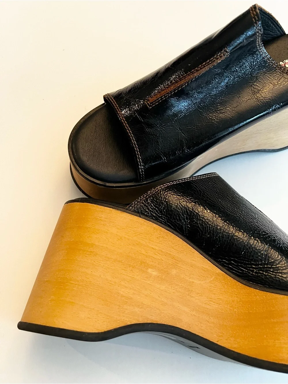 Free People Gabriela Black Glossy Open Toe Platform Slide Shoes